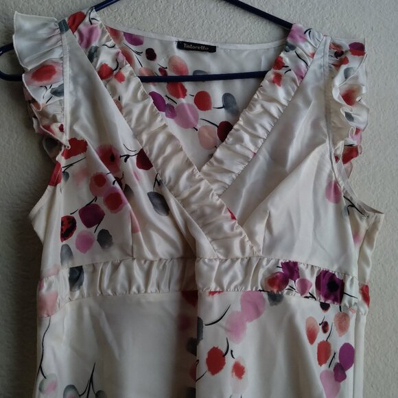 Tintoretto Cream 100% Silk Top with Leaf Print and Flutter Sleeves - Picture 2 of 8